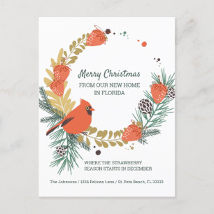 Carte Postale Faire-part Red Cardinal Strawberry Christmas Wreath Moving