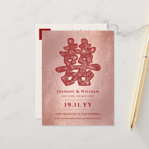 Carte Postale Faire-part Red Double Bonheur Moderne Enregistrer la date Car