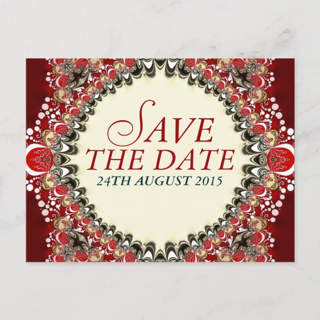 Carte Postale Faire-part Red Exotic Batik dentelle Enregistrer la date Cart (Devant)