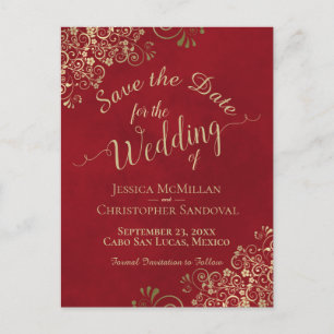 Carte Postale Faire-part Red & Gold Chic Calligraphy Wedding Enregistrer la