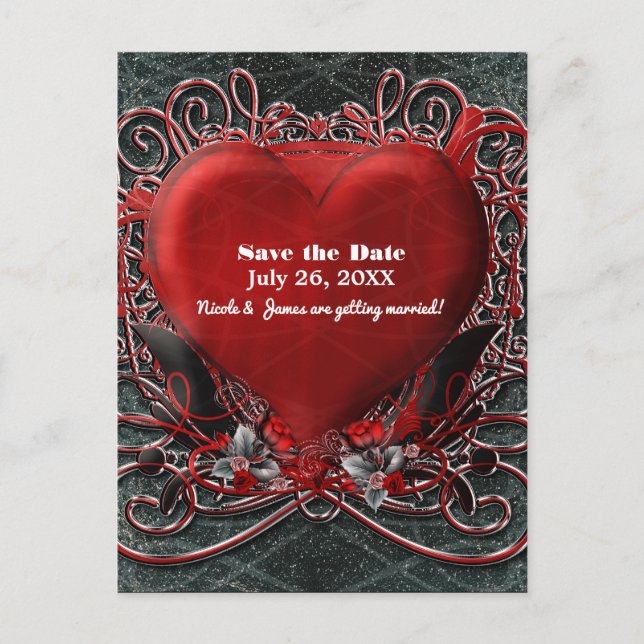 Carte Postale Faire-part Red Heart & Rose Gothique Valentine Enregistrer La (Devant)