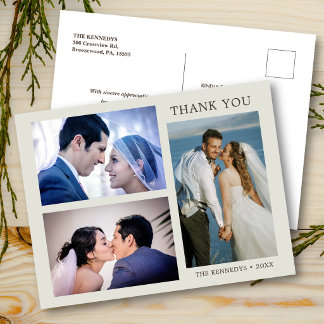 Carte Postale Faire-part Remerciement de mariage minimaliste à 3 photos en