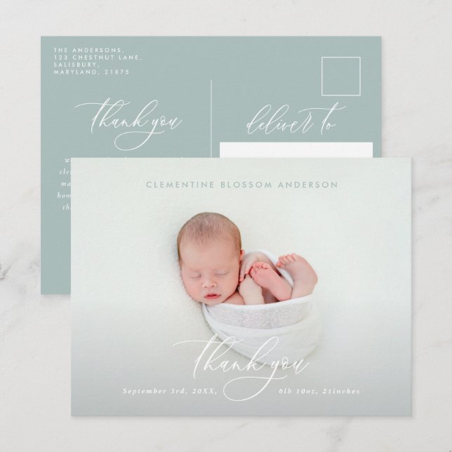 Carte Postale Faire-part Remerciement photo d'annonce de naissance en écrit (Devant / Derrière)