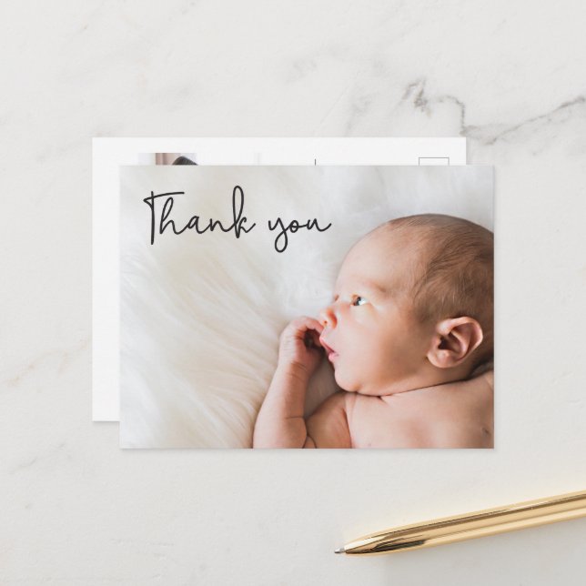 Carte Postale Faire-part Remerciement pour des photos de naissance personna (Devant/Arrière en situation)