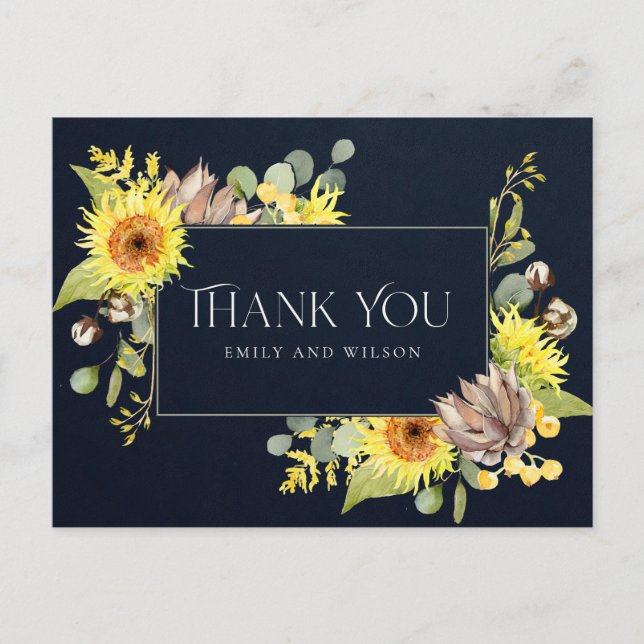 CARTE POSTALE FAIRE-PART REMERCIEMENTS DE MARIAGE FLEURIS EUCALYPTUS SOLEIL (Devant)