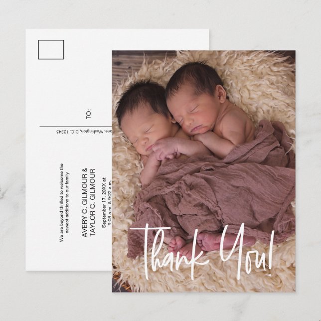 Carte Postale Faire-part Remerciements pour la Baby Shower de jumeaux (Devant / Derrière)