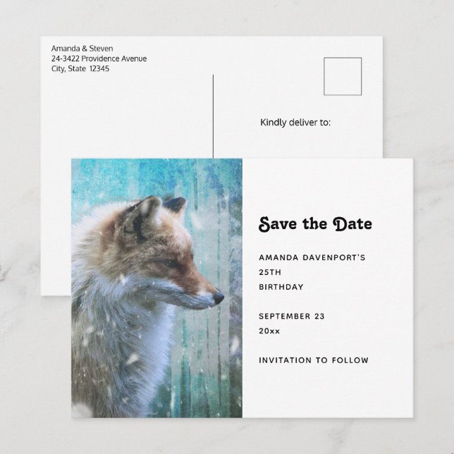 Carte Postale Faire-part Renard à fourrure mignonne sur fond grunge bleu (Devant / Derrière)