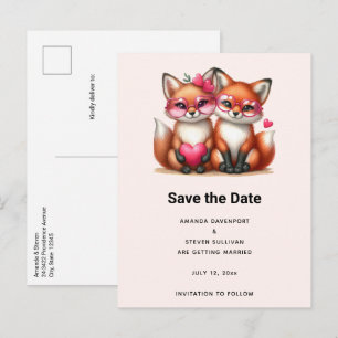 Carte Postale Faire-part Renards orange mignons en amour Mariage