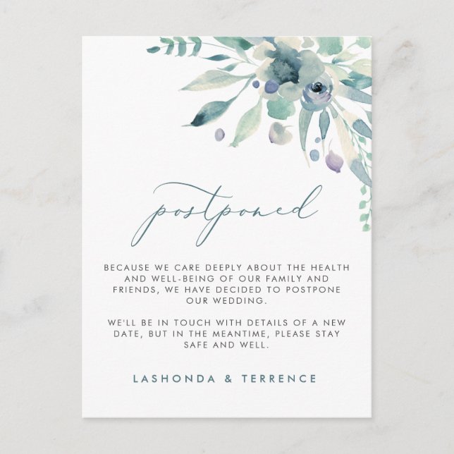 Carte Postale Faire-part Report de mariage Delicate Blues Floral (Devant)