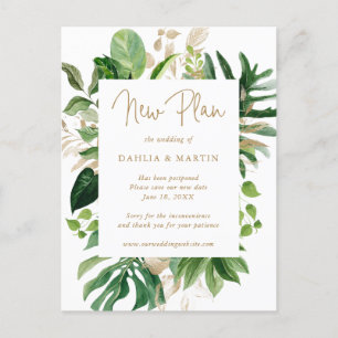 Carte Postale Faire-part Report de mariage Tropical Greenery Gold