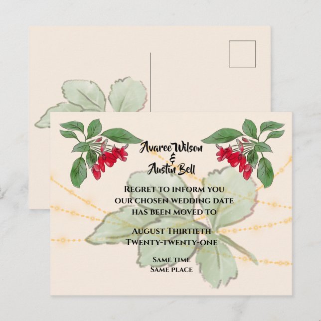 Carte Postale Faire-part Report du mariage aux roses rouges (Devant / Derrière)