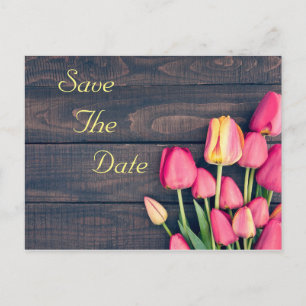 Carte Postale Faire-part Réservez la date--Tulipes et bois roses foncés