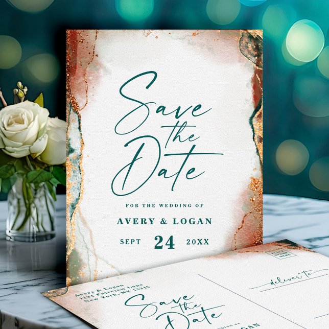 Carte Postale Faire-part Résumé Mariage d'automne Teal & Cuivre Enregistrer (Teal and Copper Abstract Save the Date Postcard)