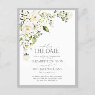 Carte Postale Faire-part Retarder la date Blanc Floral Mariage