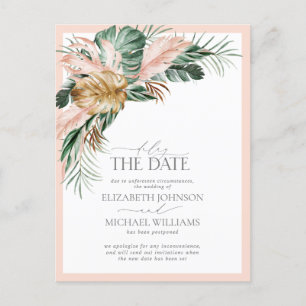 Carte Postale Faire-part Retarder la date Blush rose Tropical Boho Mariage