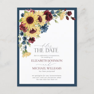 Carte Postale Faire-part Retarder la date Sunflower Bleu Bourgogne Mariage