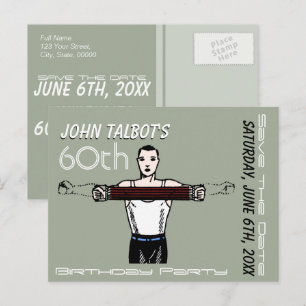 Carte Postale Faire-part Retro Bodybuilding 60th Birthday Enregistrer la da