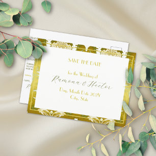 Carte Postale Faire-part Retro Gold Green Damask Enregistrer la date