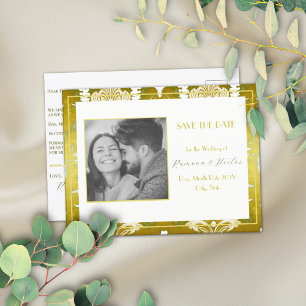 Carte Postale Faire-part Retro Gold Green Damask Enregistrer la date