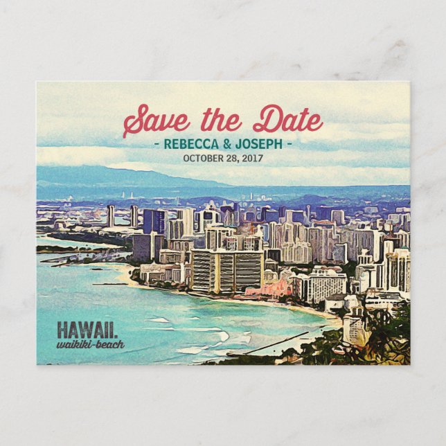 Carte Postale Faire-part Retro Hawaii Waikiki Beach Photo Enregistrer la da (Devant)