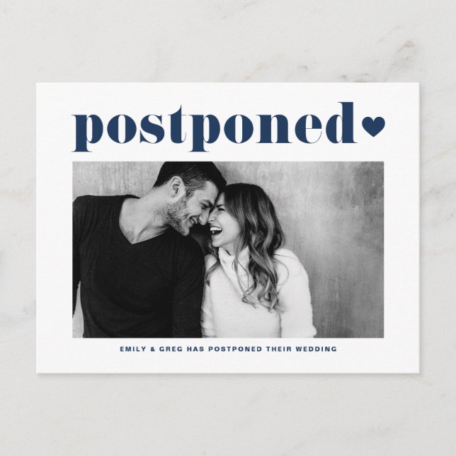 Carte Postale Faire-part Retro Typographie Bleu Photo Mariage Postponton (Devant)