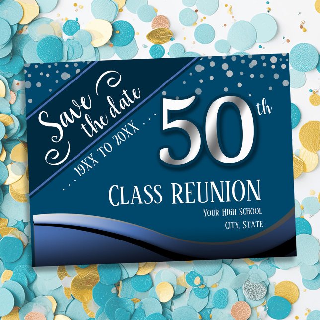 Carte Postale Faire-part Réunion de la 50e promotion Élégante annonce bleue (Créateur téléchargé)