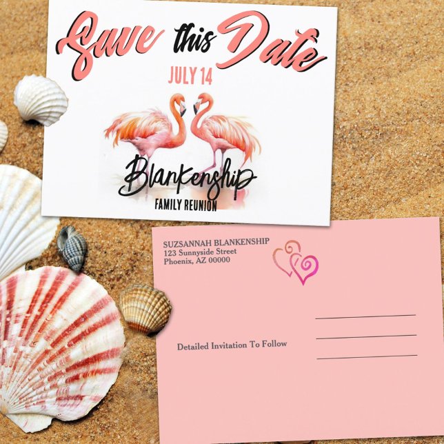 Carte Postale Faire-part Réunion Familiale Enregistrer La Date Flamants ros (Send out your family reunion announcement early with a double flamingo save the date postcard.)