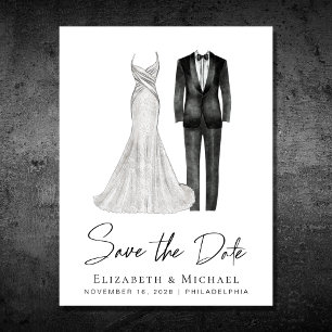 Carte Postale Faire-part Robe de mariée élégante Tuxedo Aquarelle