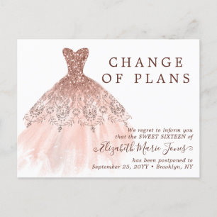 Carte Postale Faire-part Robe Rose Gold Sweet 16 Anniversaire Changement de