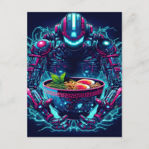 Carte Postale Faire-part Robot Cyberpunk Futuriste Neon Nourriture Ramen