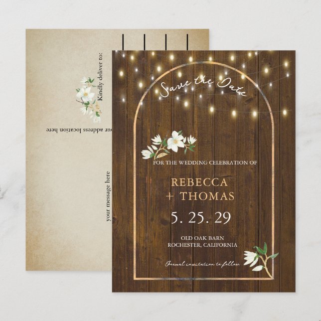 Carte Postale Faire-part Roche Rustique Lights Gold Arch Magnolia (Devant / Derrière)