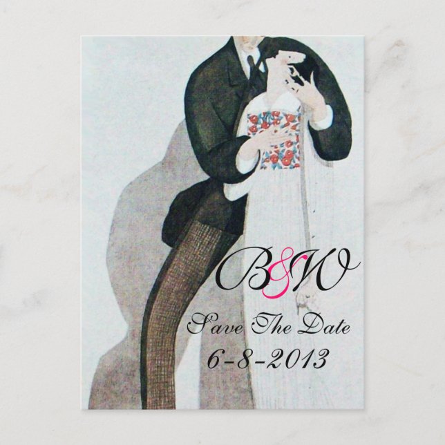CARTE POSTALE FAIRE-PART ROMANTIC BRIDE & GROOM SAVE THE DATE  MONOGRAMME (Devant)