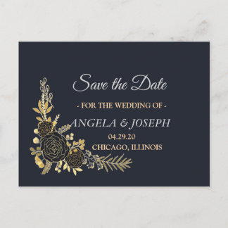 Carte Postale Faire-part Romantique Fleur doré Bleu Nuit  Save the Date