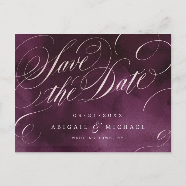 Carte Postale Faire-part Romantique Moody plum calligraphie enregistrer la  (Devant)