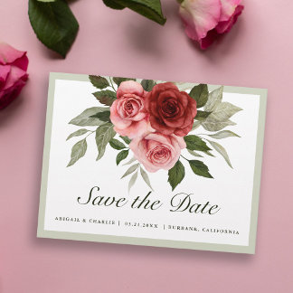 Carte Postale Faire-part Romantique Roses Roses Rouges Pink Watercolor Enre