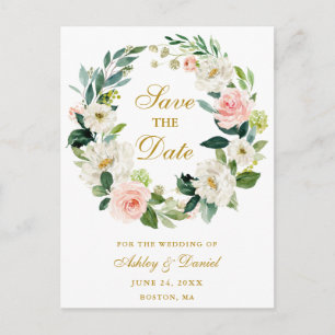 Carte Postale Faire-part Rose Blanc Floral Wreath Gold Enregistrer la date