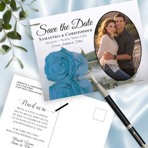 Carte Postale Faire-part Rose bleu turquoise Mariage photo Enregistrer la d