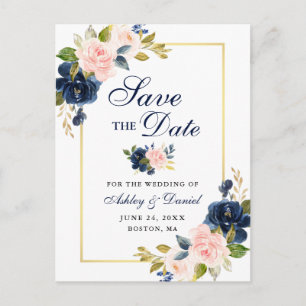Carte Postale Faire-part Rose Blush Blue Floral Élégant Enregistrer la date