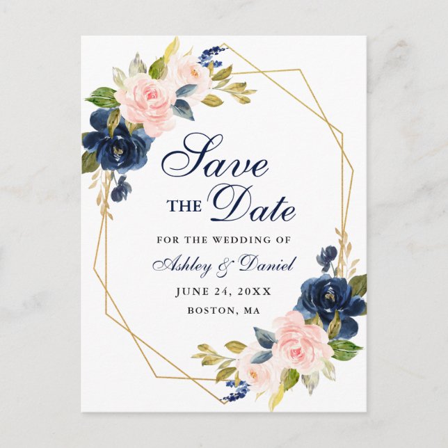 Carte Postale Faire-part Rose Blush Floral Blue Enregistrer la date (Devant)