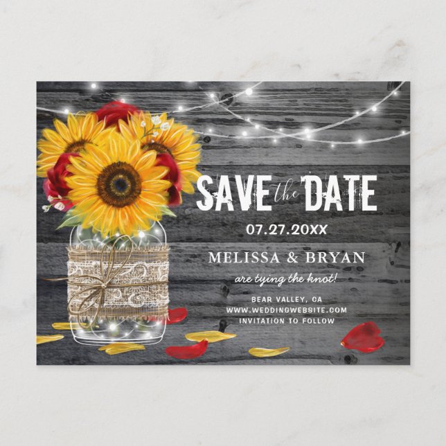 Carte Postale Faire-part Rose de tournesol rustique Mariage bois Enregistre (Devant)