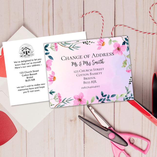Carte Postale Faire-part rose floral Changement d'adresse élégante nouvelle (Créateur téléchargé)