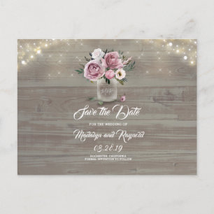 Carte Postale Faire-part Rose Floral Dusty Pink Save the Date en Pot Mason