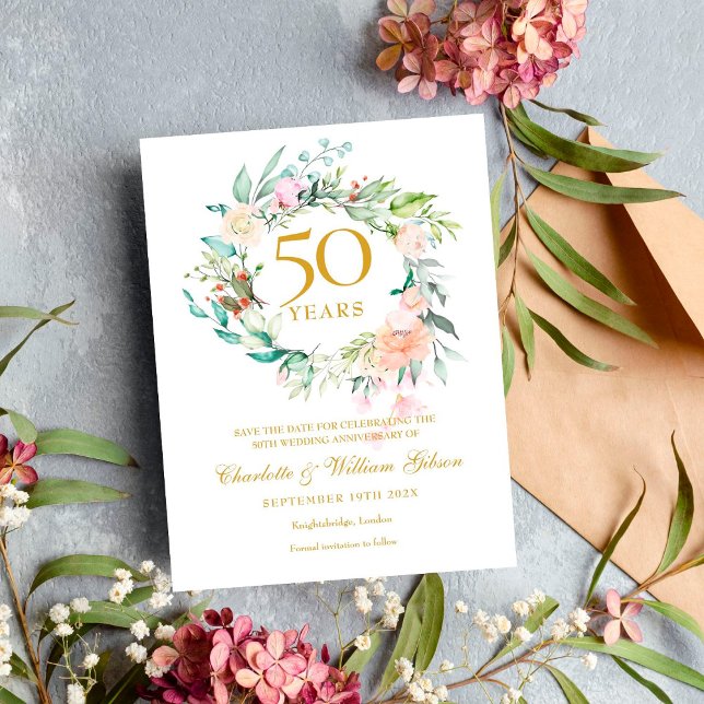 Carte Postale Faire-part Rose Garland 50e anniversaire Enregistrer la date (Créateur téléchargé)