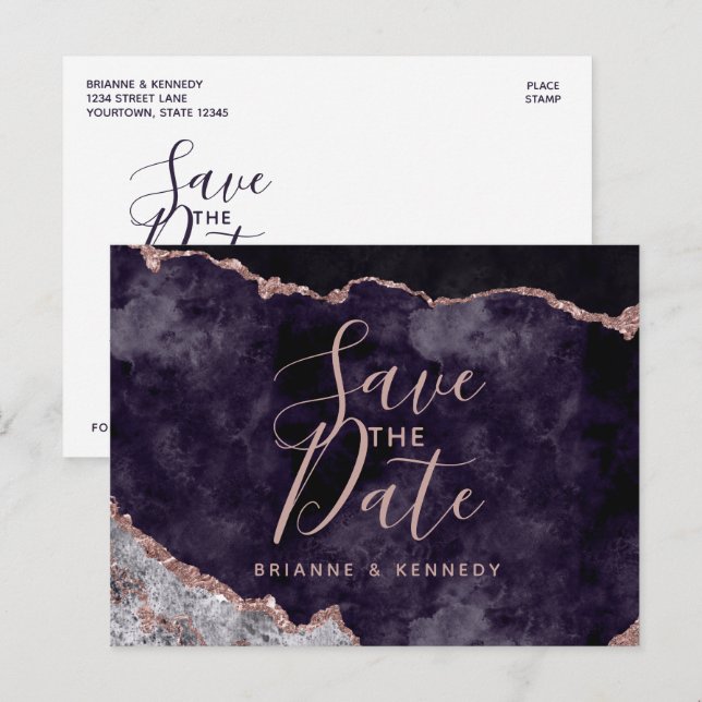 Carte Postale Faire-part Rose Gold Agate Marbre Mauve Save the Date (Devant / Derrière)