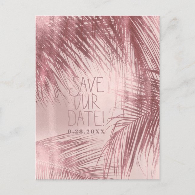 Carte Postale Faire-part Rose Gold Blush Rose Palmiers Save The Date (Devant)