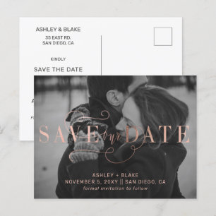 Carte Postale Faire-part Rose Gold Calligraphy Photo Enregistrer la date