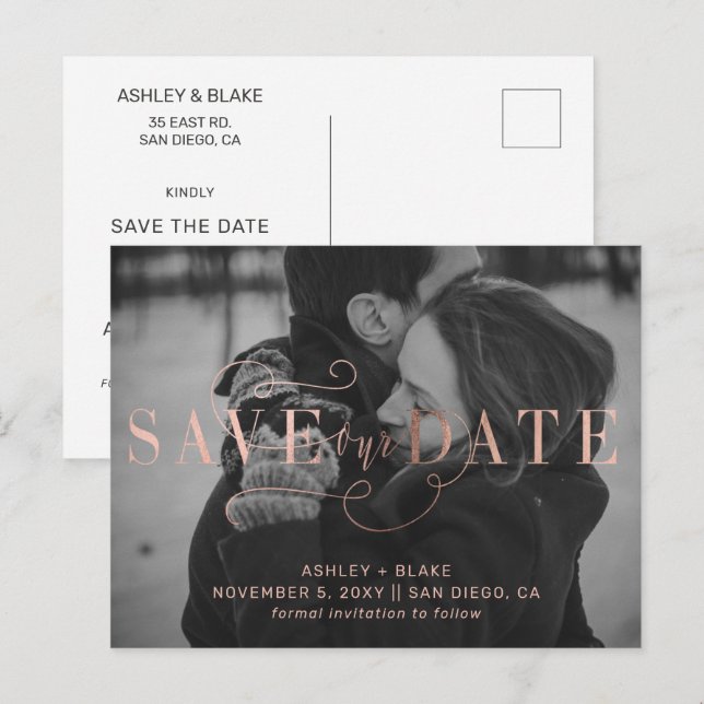 Carte Postale Faire-part Rose Gold Calligraphy Photo Enregistrer la date (Devant / Derrière)