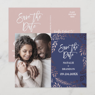 Carte Postale Faire-part Rose Gold Élégant   Photo Navy Enregistrez la Date