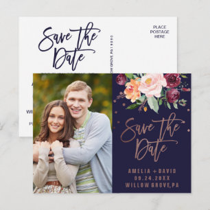 Carte Postale Faire-part Rose Gold Floral Automnal Enregistrer la Date Phot