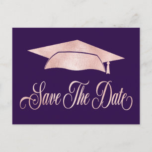 Carte Postale Faire-part Rose Gold Graduation Cap Enregistrer La Date Purpl